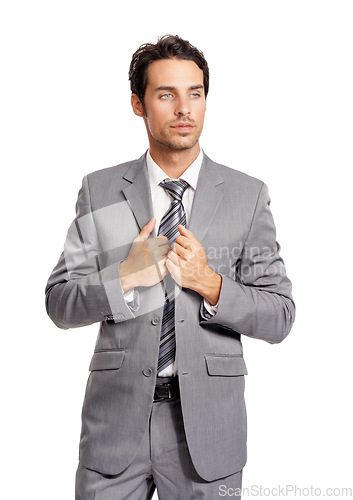Image of Thinking, business and man adjust formal suit with fashion, style or vision of future in white background of studio. Serious, businessman and ideas for corporate career, work and entrepreneur insight