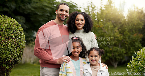 Image of Mother, father and happy family portrait outdoor with a smile, love and care in nature. Young latino woman and man or parents and kids together at a park or garden for quality time, peace and fun