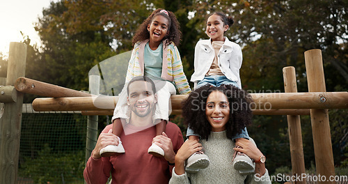 Image of Happy family, relax and park in nature for holiday, weekend of fun bonding together in the outdoors. Portrait of Father, mother and children relaxing or enjoying time outside on piggyback in forest