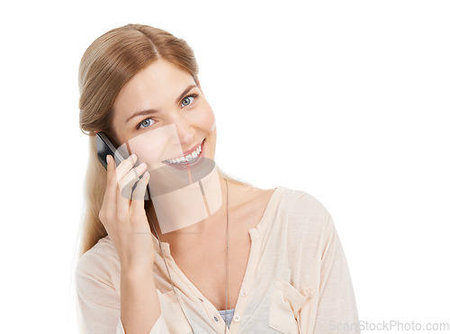 Image of Woman, happy and portrait for phone call in studio, chat and networking or connection for communication. Model, smile and face by smartphone for discussion, social and technology by white background