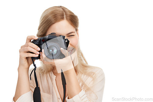 Image of Photographer, camera and focus with woman and creative, take picture for art and photo journalist on white background. Mockup space, creativity and photography in studio for content creation and lens