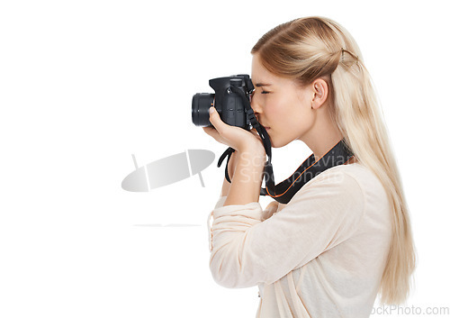 Image of Photographer, camera and focus with woman and profile, take picture for art and photo journalist on white background. Mockup space, creativity and photography in studio for content creation with tech