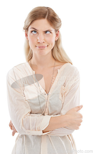 Image of Funny face, crazy and squint with woman arms crossed in studio isolated on white background for humor. Emoji, comedy and confident young comic feeling silly, goofy or quirky with weird body language