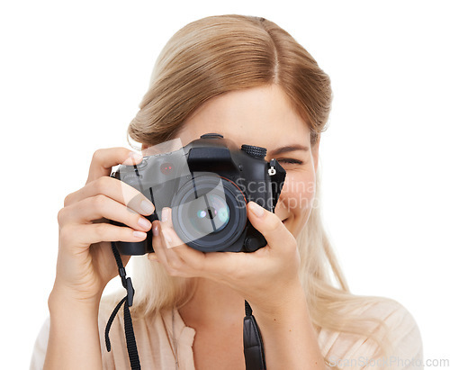 Image of Photographer, camera and focus with woman and lens, take picture for art and photo journalist on white background. Press, creativity and photography in studio for content creation with technology