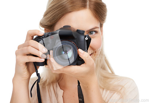 Image of Photographer, camera lens and focus with woman and creative, take picture for art and photo journalist on white background. Press, creativity and photography in studio for content creation with tech