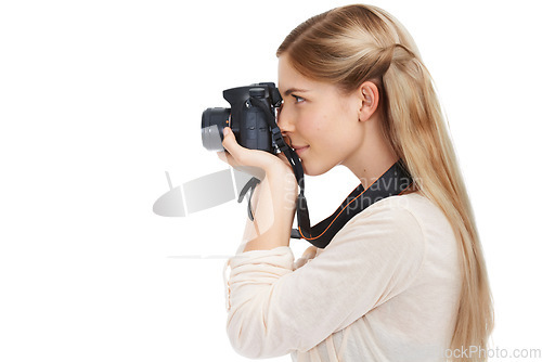 Image of Photographer, camera lens and focus with woman and profile, picture for art and photo journalist on white background. Mockup space, creativity and photography in studio for content creation with tech
