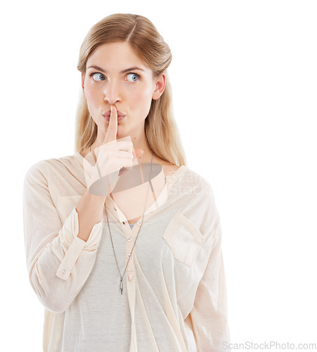 Image of Woman, finger to lips for secret and gossip in studio, private and confidential information on white background. News, announcement and whisper, quiet gesture or emoji for privacy with noise or voice