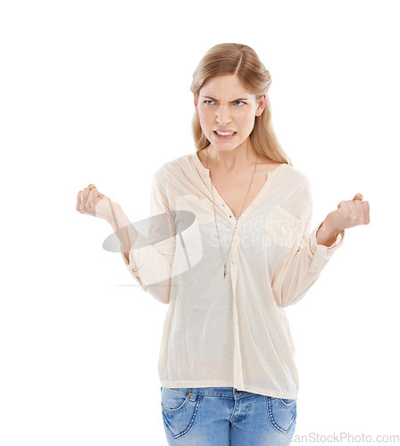 Image of Woman, angry and frustrated with stress and fist, conflict or fight with bad attitude and upset on white background. Crisis, drama or problem in studio with annoyed expression, rage and reaction