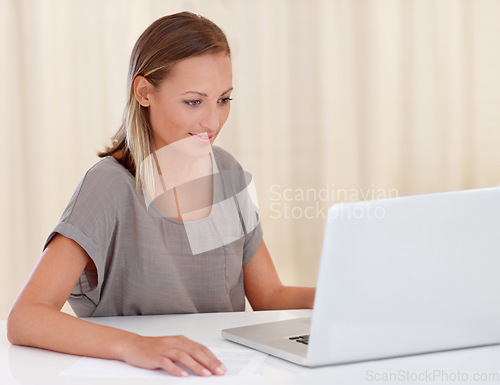 Image of Happy woman, laptop and documents in budget planning, insurance or finance on table at home. Female person smile with paperwork or invoice for bills, expenses or financial investment on computer