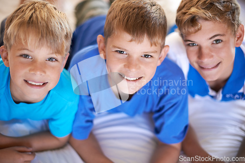 Image of Friends, brothers and relaxing on bed in portrait, children and care in childhood or smiling at home. Happy siblings, resting and satisfaction in bedroom, love and having fun on vacation or holiday