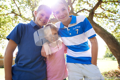 Image of Friends, brothers and embracing in nature portrait, children and care in childhood or smiling. Happy siblings, hug and satisfaction on outdoors adventure, love and having fun on vacation or holiday