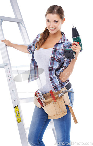 Image of Woman, portrait and ladder or drill in studio or contractor for building, maintenance or power tools. Female person, face and process on white background for remodel improvement, project or mockup
