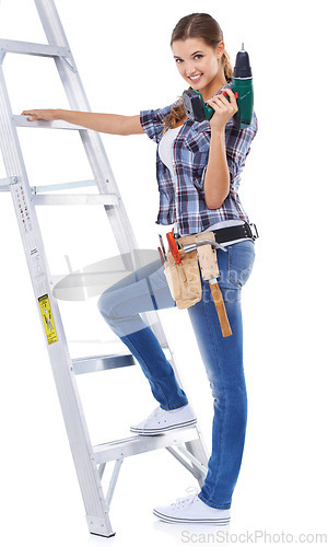 Image of Woman, portrait and ladder or drill as construction worker or handyman for building, maintenance or power tools. Female person, face and studio on white background for improvement, project or mockup