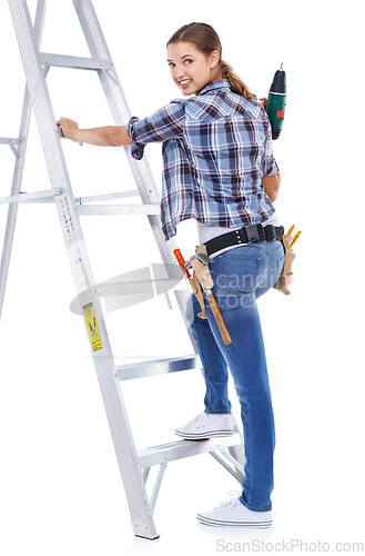 Image of Woman, portrait and ladder with drill for renovation maintenance or construction worker for diy, inspection or remodel. Female person, face and white background in studio or power tool, job or mockup