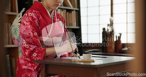 Image of Ink, writing and hands of Japanese woman for traditional script on paper, documents and page. Creative, Asian culture and person with vintage paintbrush tools for calligraphy, font and text in home