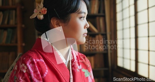Image of Japanese, woman and kimono to relax with tradition, tea ceremony and thinking in Chashitsu room with ideas. Thoughtful, person or vintage dress fashion for temae, ritual and waiting for hospitality