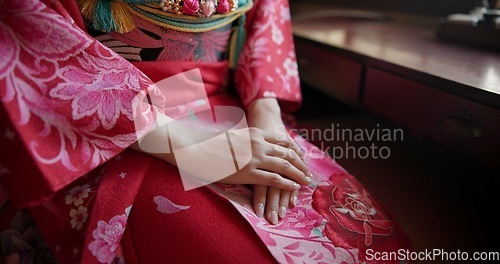Image of Closeup, hands together and Japanese woman with traditional clothes and praying with religion. Person, culture and routine with girl or home with outfit and peaceful with stress relief and meditation