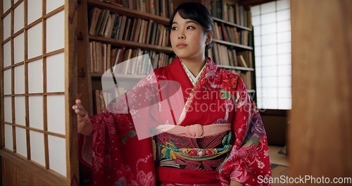 Image of Japanese, woman and kimono with relax for culture, tea ceremony and thinking or ideas in Chashitsu. Thoughtful, person and vintage dress or fashion for temae, ritual and waiting for hospitality