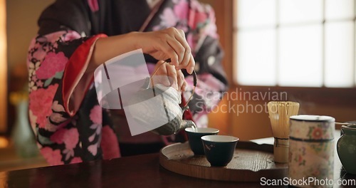 Image of Japanese, hands and matcha for tea ceremony in Chashitsu room with kimono dress and traditional custom. Person, temae and vintage style outfit for culture, fashion and honor with antique crockery