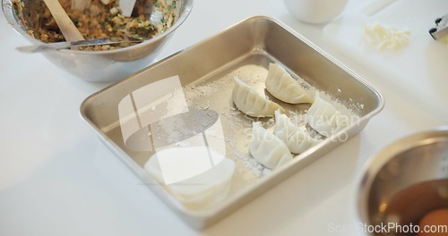 Image of Japan, dumplings and food on table for dinner, kitchen and traditional meal in restaurant or cafe. Culture, gyozo and asian cuisine for nutrition, healthy diet and lunch with preparation or pastry