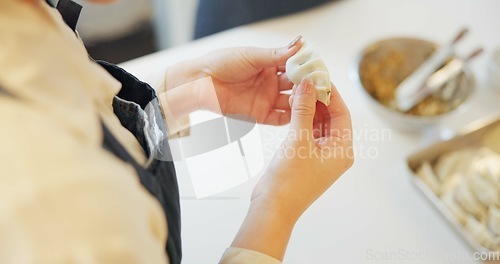 Image of Japan, dumplings and hand with table for dinner, kitchen and traditional meal in restaurant or cafe. Culture, gyozo and asian cuisine for nutrition, healthy diet and lunch with preparation or pastry