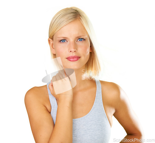 Image of Woman, portrait and blonde with blue eyes in fashion or style on a white studio background. Face of attractive or gorgeous young female person or caucasian in satisfaction or natural beauty on mockup