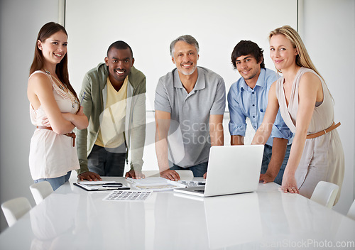 Image of Portrait, business people and group with a laptop, planning and collaboration with internet, meeting and employees. Manager, men and women with a computer, cooperation and project with technology