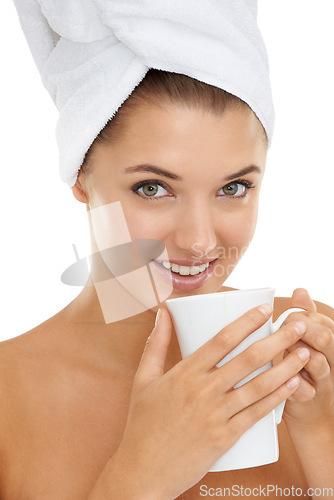 Image of Skincare, portrait or woman with coffee in studio relax with self care, cleaning or me time on white background. Beauty, face or female model with green tea for detox, wellness or after shower pamper