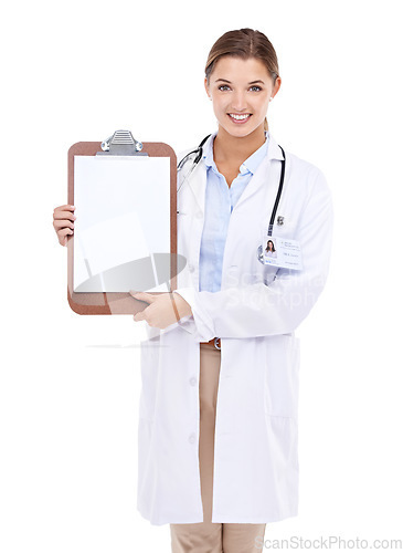 Image of Empty, clipboard and happy portrait of doctor in white background, studio and mock up space. Medical, information and woman with checklist, presentation and board with news in health or insurance