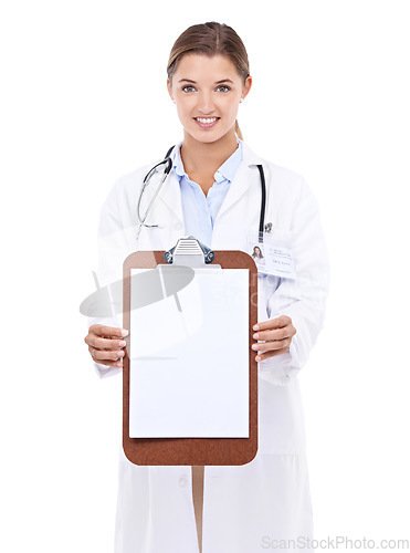 Image of Blank, clipboard and happy portrait of doctor in white background, studio and mock up space. Medical, information and woman with checklist, presentation and board with news in health and insurance