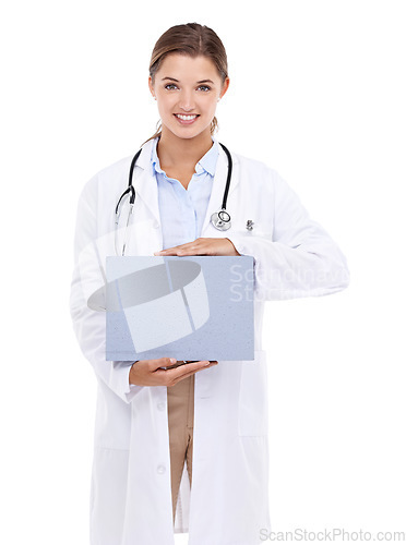 Image of Sign, board and happy portrait of doctor in white background, studio and mock up space. Medical, information and woman with poster, presentation and paper for news in healthcare, hospital or clinic