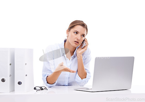 Image of Laptop, stress and woman on a phone call in studio for appointment information at secretary desk. Communication, upset and female receptionist on mobile conversation with computer by white background