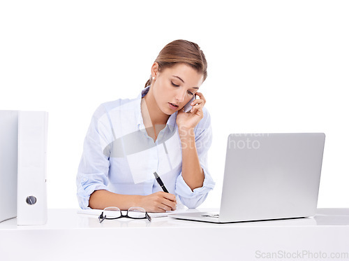 Image of Laptop, phone call and woman writing in studio for appointment information at secretary desk. Communication, notebook and female receptionist on mobile conversation with computer by white background.