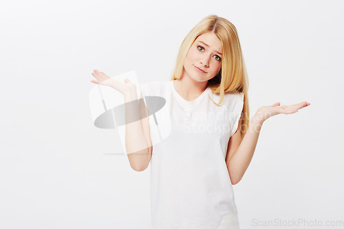 Image of Space, confused or woman in portrait unsure, doubt or wondering isolated on white background. Person asking, dont know hand gesture or puzzled model with decision, choice or question on studio mockup