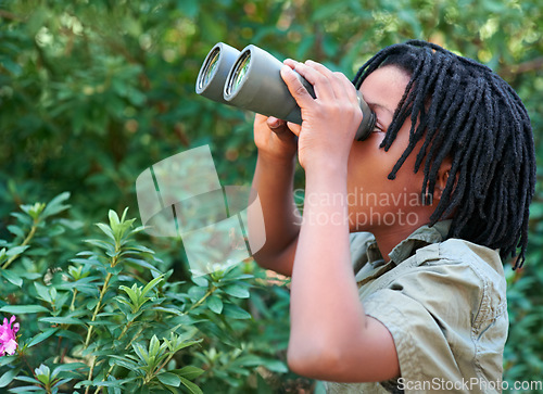 Image of Nature trees, binocular and black child watch wilderness view on adventure, outdoor exploration or camping trip. Environment, bush leaf and looking kid on sightseeing search in Amazon Rainforest