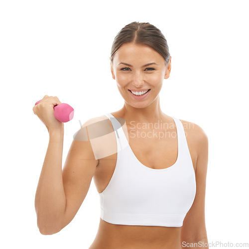 Image of Fitness, portrait and happy woman in studio with dumbbell for workout, muscle training and body building. Exercise, power and commitment to improvement, strong girl weight lifting on white background