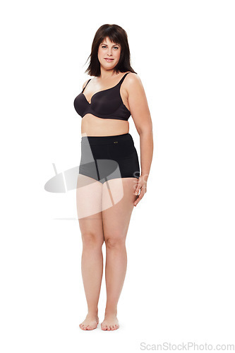 Image of Portrait, confidence and plus size woman in underwear in studio isolated on a white background mockup space. Person, model and body positivity, self acceptance or natural beauty of healthy young girl