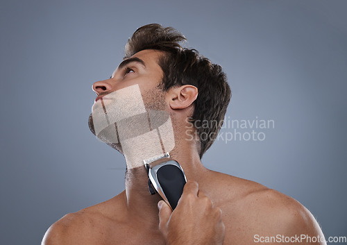 Image of Man, electric shaver and beard in studio for grooming, skincare or wellness for neck by grey background. Person, model and self care for hygiene, facial hair removal or clippers for cosmetic change