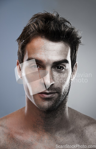 Image of Man, shave and half face of beard for hair removal improvement in studio for wellness, comparison or grey background. Male person, portrait and confident in for cleaning, transformation or mockup