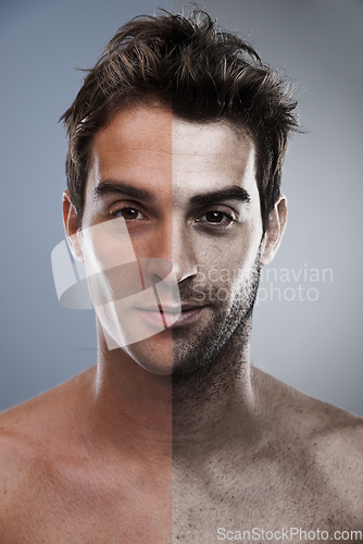 Image of Man, shave and face or beard comparison for hair removal or improvement in studio for wellness, half or grey background. Male person, portrait and confident for cleaning, transformation or mockup