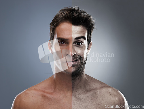 Image of Man, beard and half face for hair removal improvement in studio for wellness, comparison or grey background. Male person, portrait and confident for shaving cleaning, transformation or mockup space