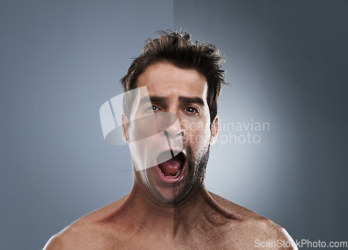 Image of Man, shave and face or beard comparison for hair removal or improvement in studio for wellness, half or grey background. person, portrait and surprise for cleaning, transformation and shocked