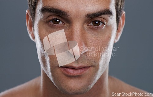 Image of Portrait, dermatology and man with cosmetics, wellness and confident guy on grey studio background. Face, person and model with beauty or grooming with routine or aesthetic with skincare and shine