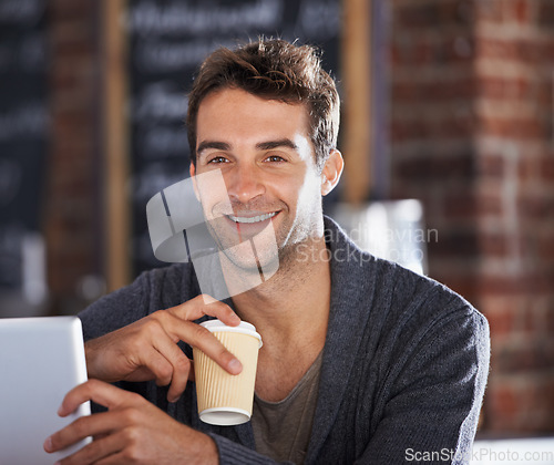 Image of Smile, coffee and portrait of man in a cafe with tablet for networking on social media or internet. Happy, cappuccino and young male person with digital technology for research in restaurant.