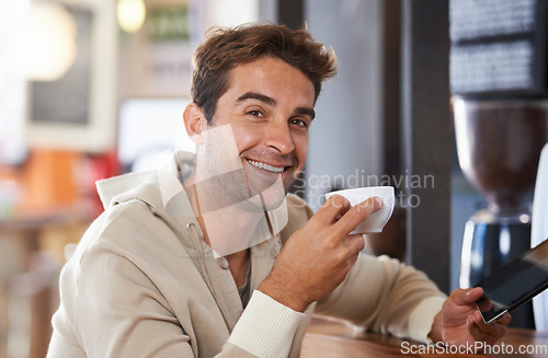 Image of Happy, coffee and portrait of man in a cafe with tablet for networking on social media or internet. Smile, cappuccino and young male person with digital technology for research in restaurant.