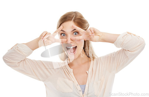 Image of Excited, peace sign and portrait of woman in studio isolated on a white background. Face, fingers and v hand gesture, emoji and happy young model with funny symbol for victory, success and winning