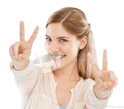 Image of Excited, peace sign and portrait of woman in studio isolated on a white background. Face, fingers and v hand gesture, emoji and happy young model with funny symbol for victory, success and winning