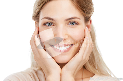 Image of Smile, skincare and happy woman with hands on face in studio for cosmetic, treatment or shine on white background. Beauty, portrait and female model with wellness, dermatology or glowing skin results