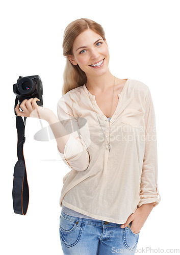 Image of Portrait, photographer and happy woman with camera in studio isolated on a white background. Creative person, paparazzi and dslr lens technology for hobby, taking pictures or professional photoshoot