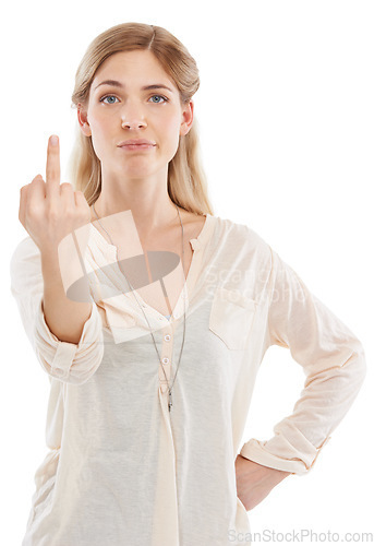 Image of Angry, portrait or woman with middle finger in studio for attitude, feedback or opinion on white background. Frustrated, rude or lady model face with hate, hand or emoji, sign or reaction to conflict